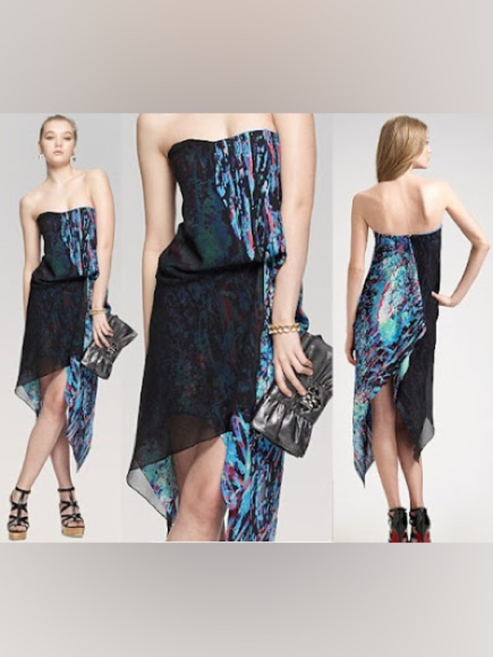 BCBG MaxAzria Runway Strapless Draped Silk Strapless Assymetric Dress